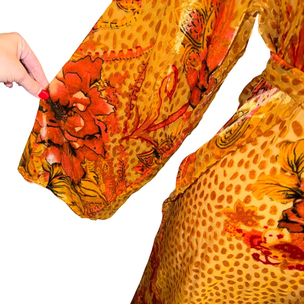 Nostalgia Devore Burnout Velvet Boho Dress Orange Floral Whimsigoth Retro 70s M - Picture 5 of 12